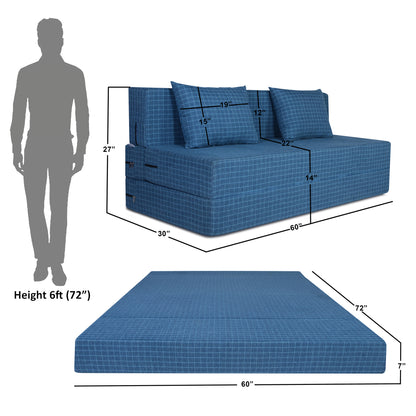 Adorn India Easy Three Seater Sofa Cum Bed Checks Design 5' x 6' (Blue)
