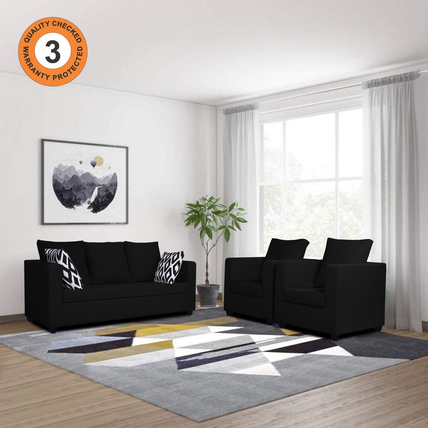 Adorn India Zink Straight Line 3-1-1 5 Seater Sofa Set (Wood & Fabric, Black)