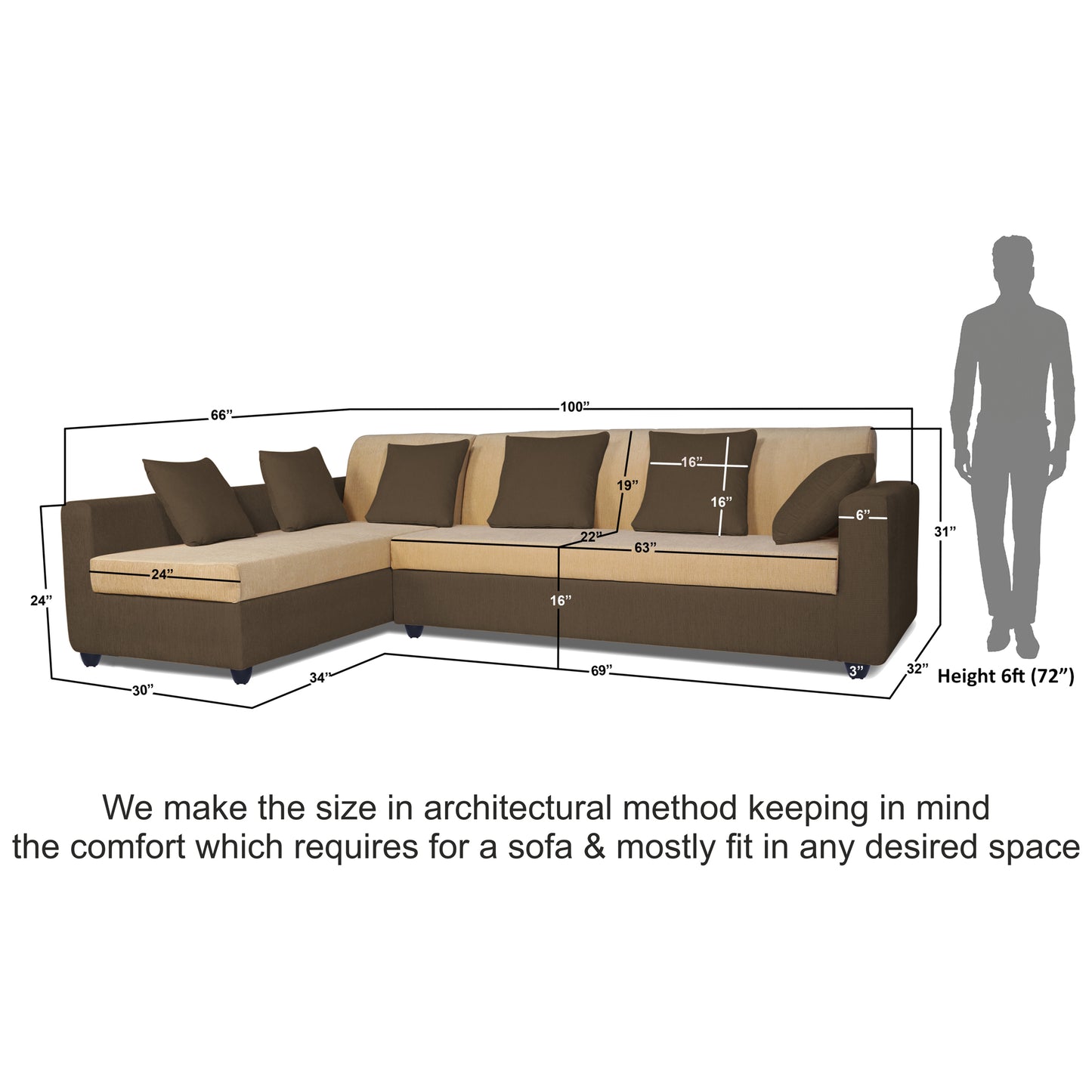 Adorn India Rio Decent L Shape 6 Seater Corner Sofa Set Left Side Handle (Brown and Beige) (3 Year Warranty)