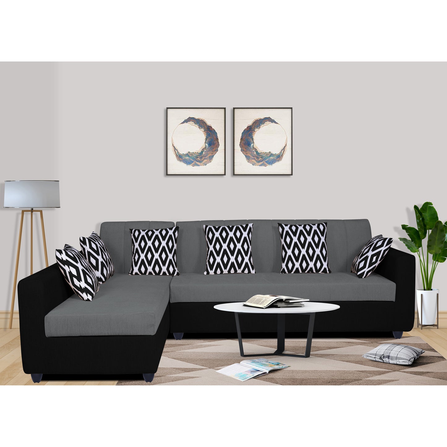Adorn India Rio High Back L Shape 6 Seater Sofa Set (Left Side Handle) (Grey & Black)