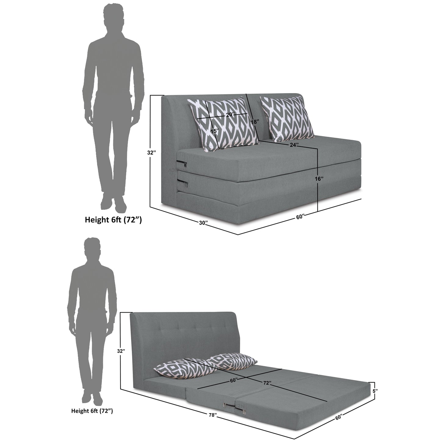 Adorn India Easy Highback Three Seater Sofa Cum Bed Rhombus 5' x 6' (Grey) (1 Year Warranty)