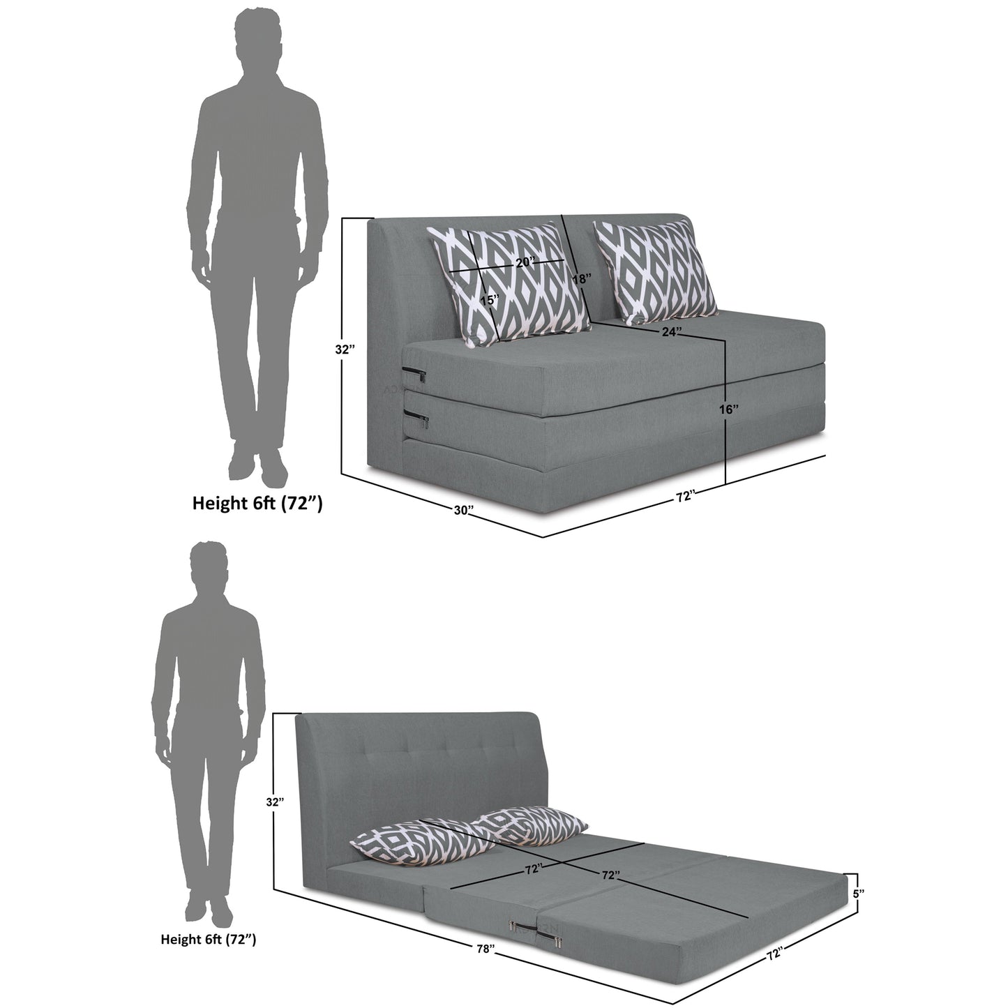 Adorn India Easy Highback Three Seater Sofa Cum Bed Rhombus 6'x 6' Grey (3 Year Warranty)