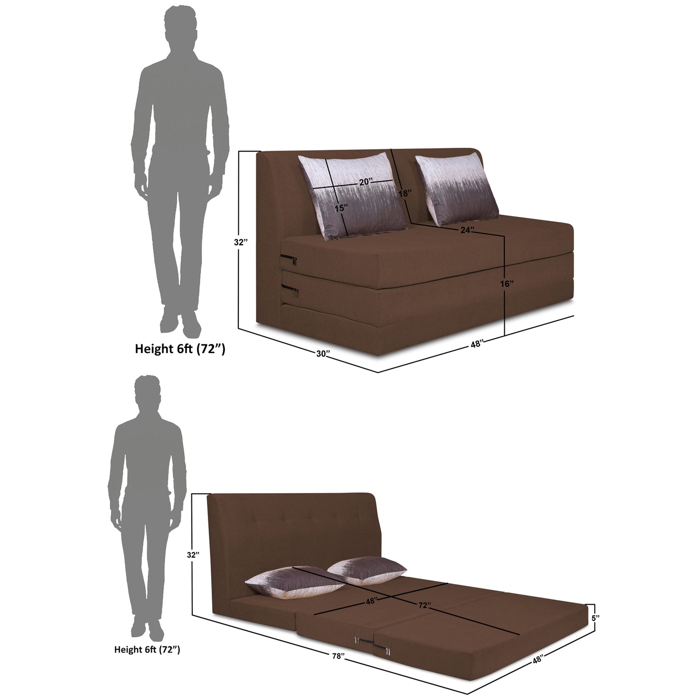 Adorn India Easy Highback Two Seater Sofa Cum Bed Wave 4' x 6' (Brown) (1 Year Warranty)