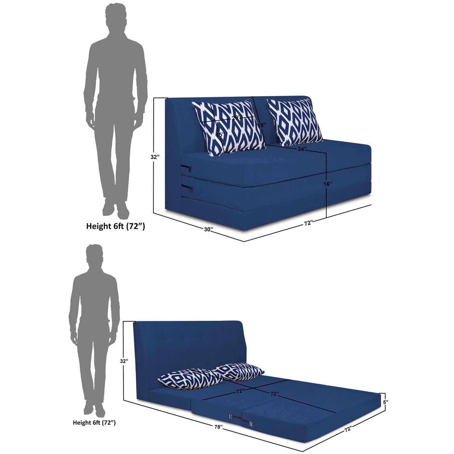 Adorn India Easy Highback Three Seater Sofa Cum Bed Rhombus 6' x 6' (Blue) (1 Year Warranty)