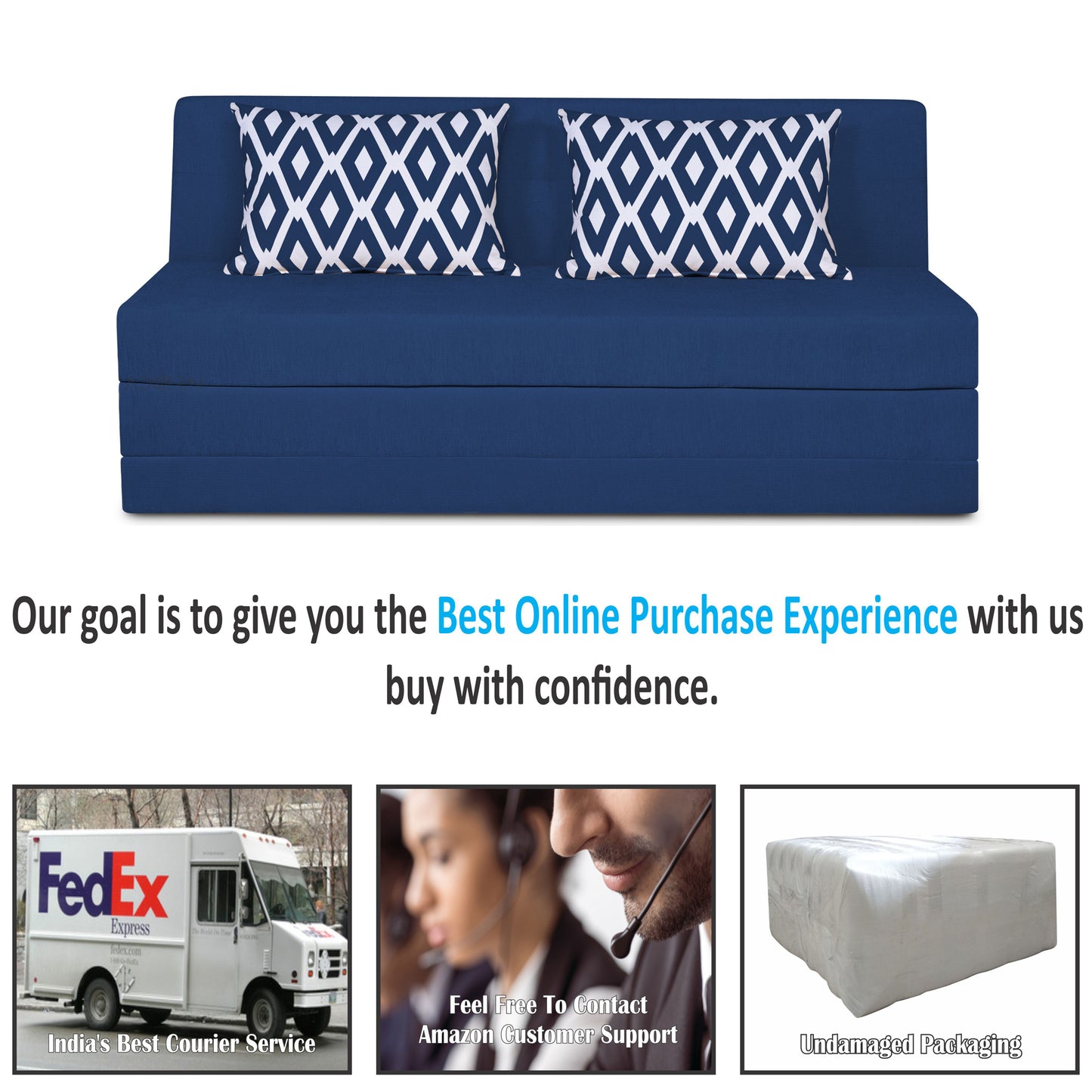 Adorn India Easy Highback Three Seater Sofa Cum Bed Rhombus 6' x 6' (Blue) (1 Year Warranty)