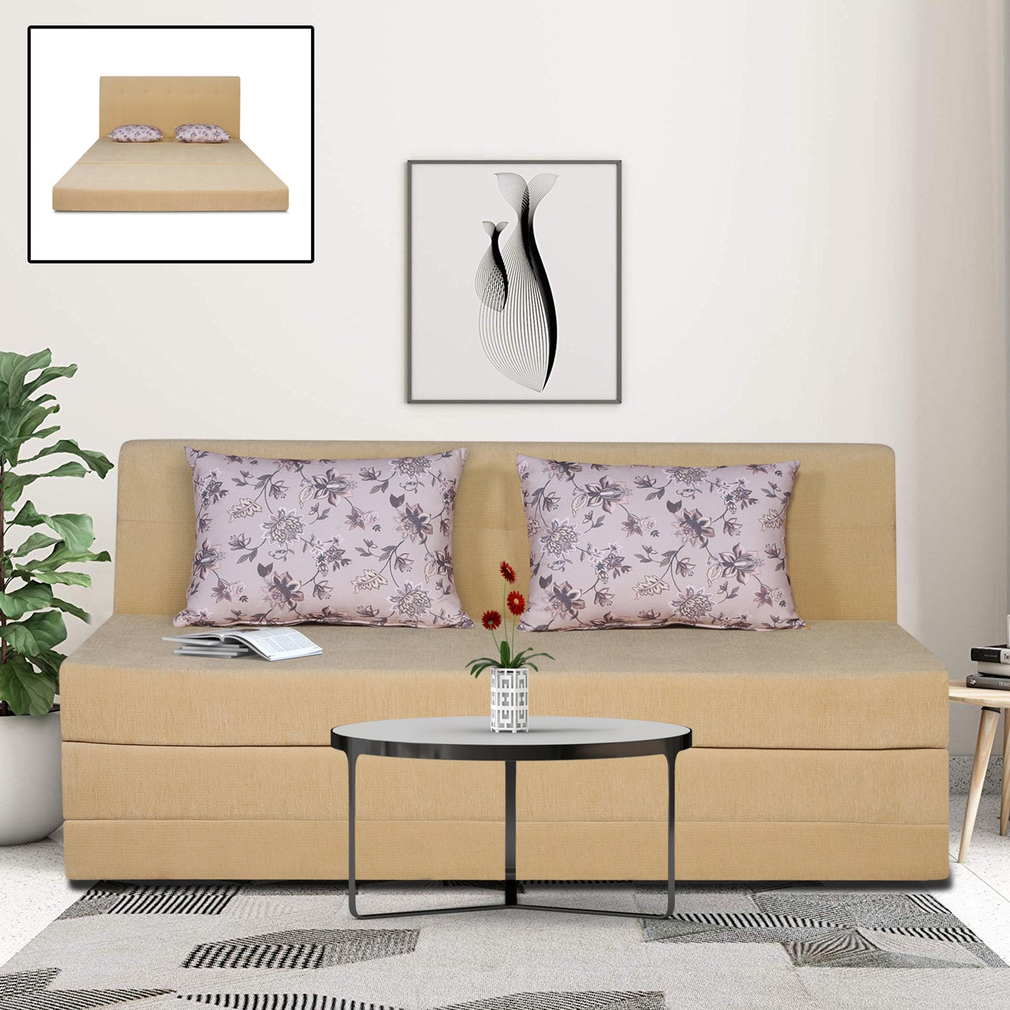 Adorn India Easy Highback Three Seater Sofa Cum Bed Floral 6' x 6' (Beige) (1 Year Warranty)