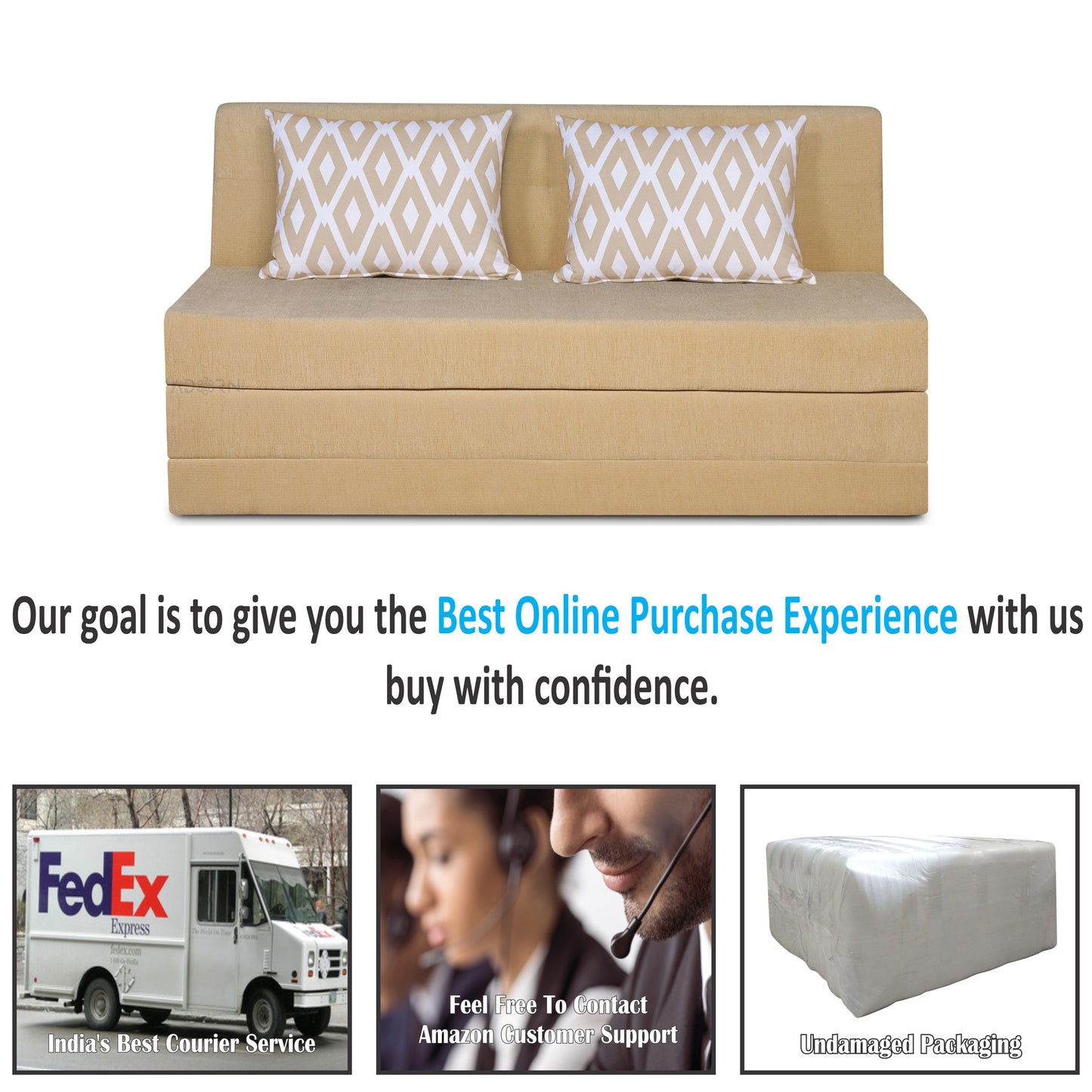 Adorn India Easy Highback Three Seater Sofa Cum Bed Rhombus 5' x 6' (Beige) (1 Year Warranty)