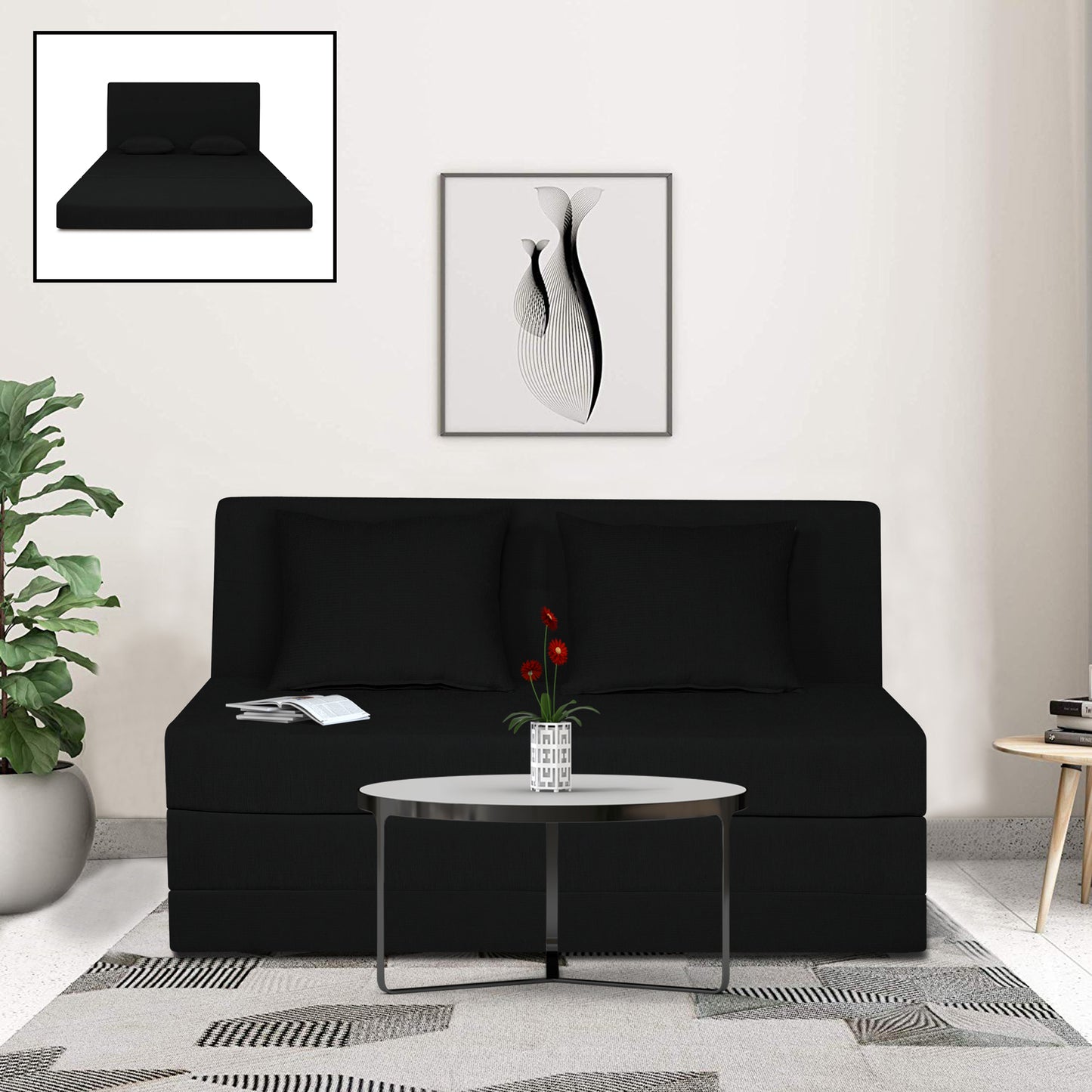 Adorn India Easy Highback Two Seater Sofa Cum Bed Decent 4' x 6' (Black) (1 Year Warranty)