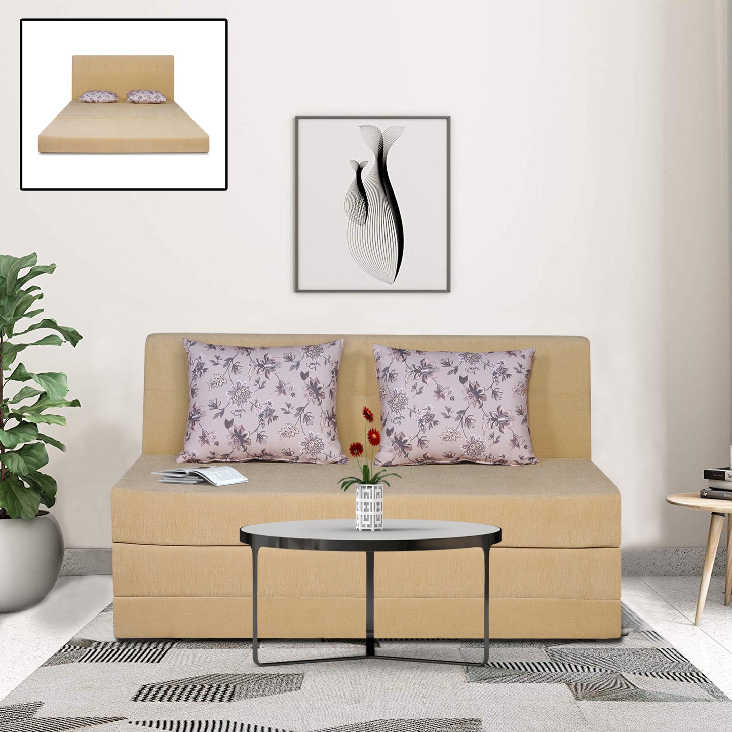 Adorn India Easy Highback Two Seater Sofa Cum Bed Floral 4' x 6' (Beige) (1 Year Warranty)