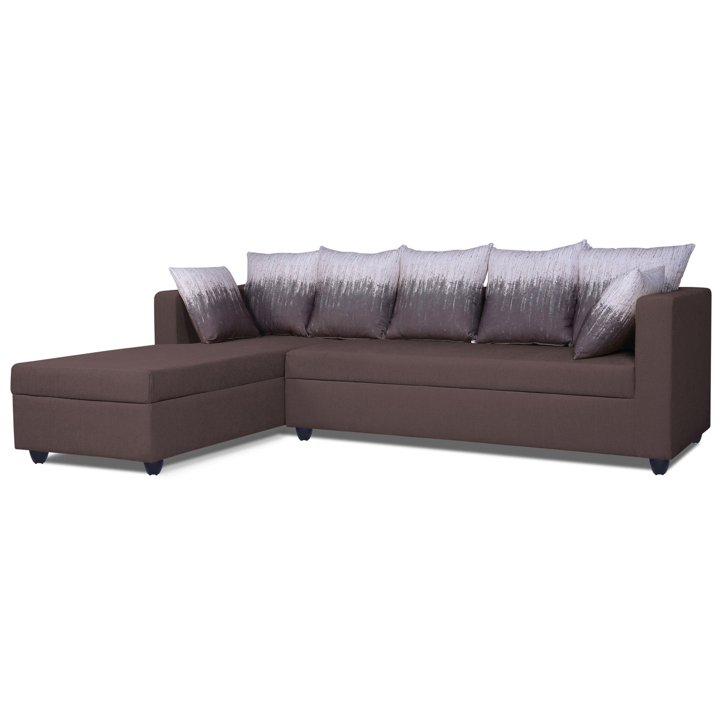Adorn India Zink Straight line L Shape 6 Seater Sofa Wave Cushion (Left Side Handle)(Brown)