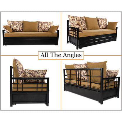 Adorn India Polar Black Metal Three Seater Sofa Cum Bed with Storage (6 x 5) (Beige)