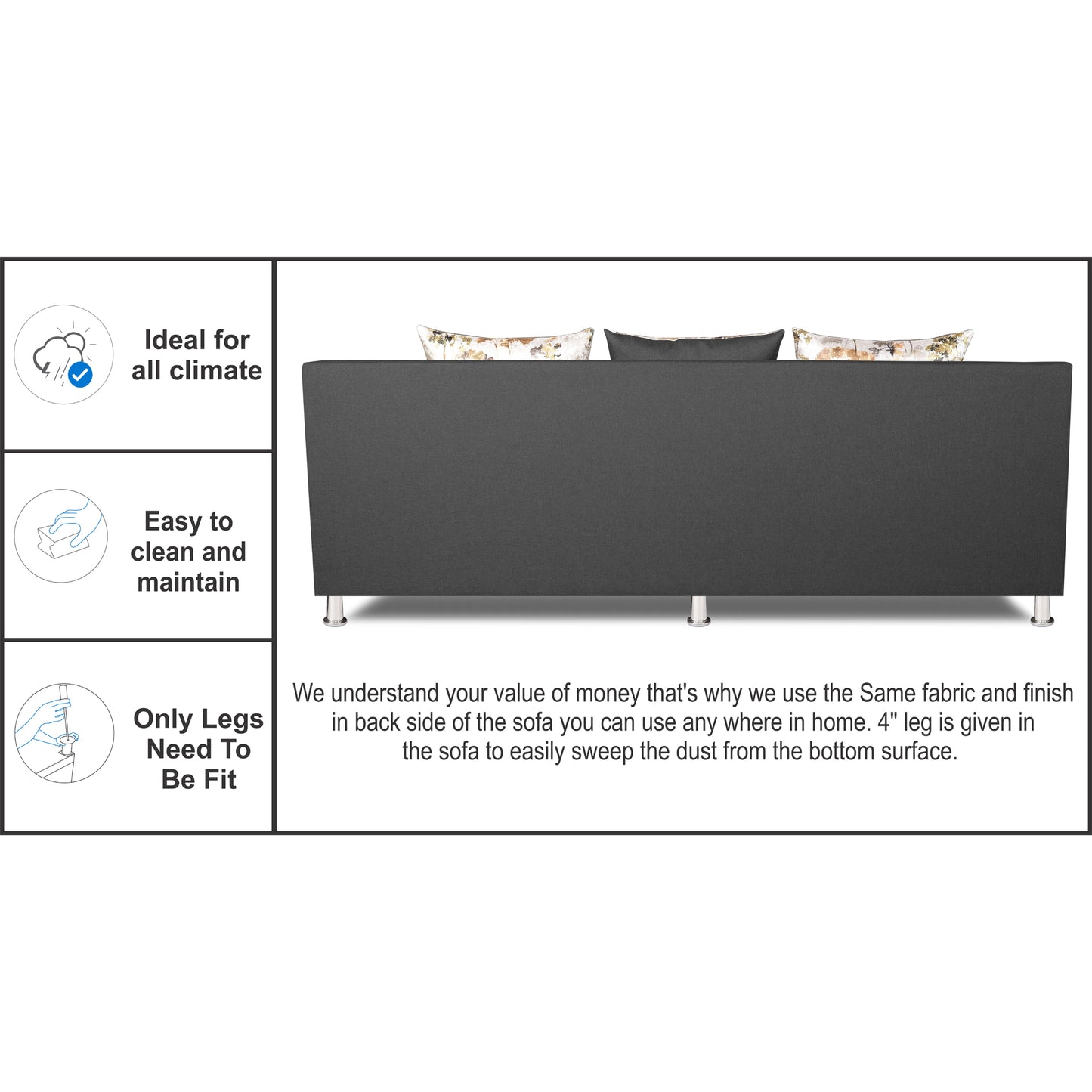 Adorn India Alica 3 Seater Sofa (Dark Grey), Wood, Foam