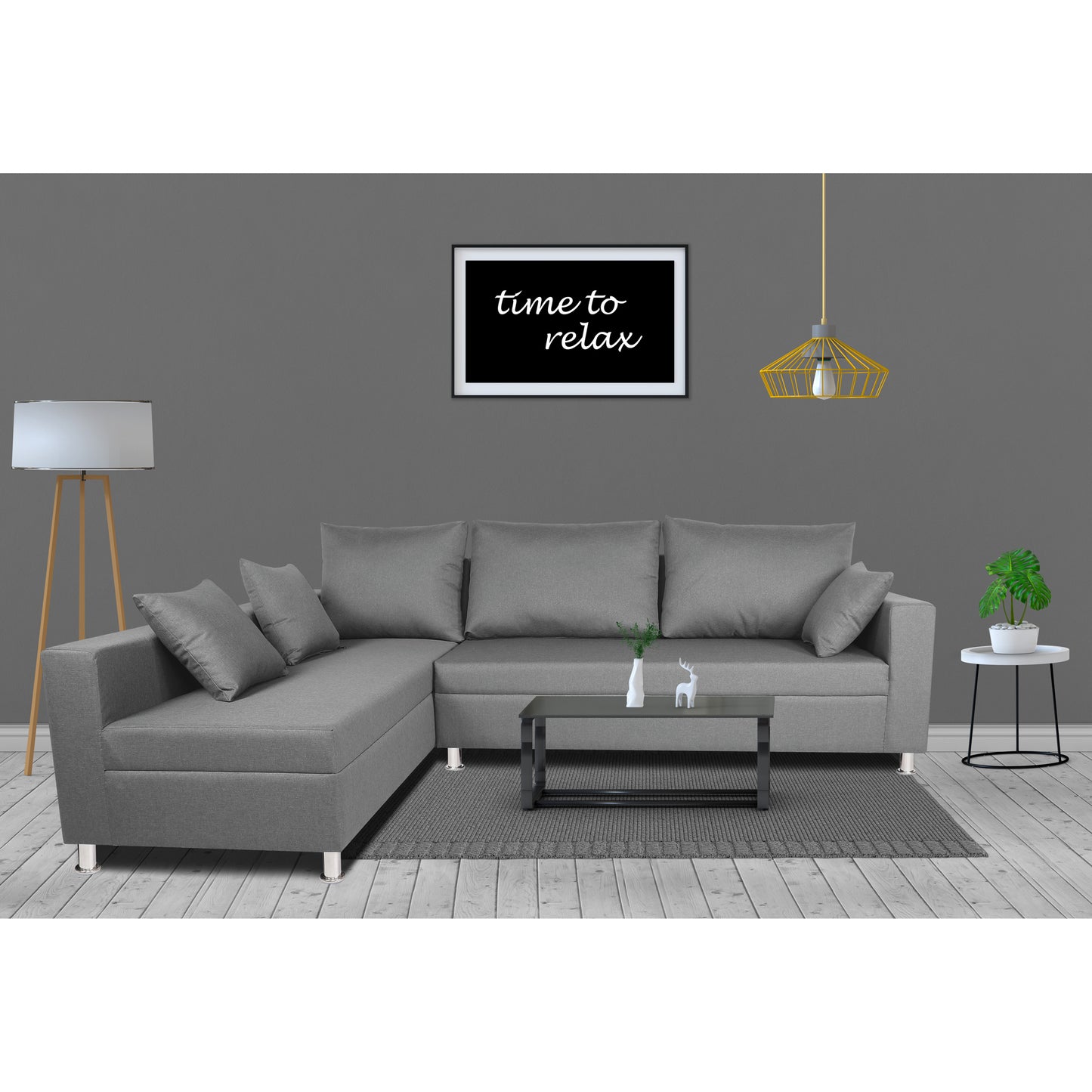 Adorn India Straight Line 6 seater L Shape Sofa set (Left Side Handle)(Light Grey)