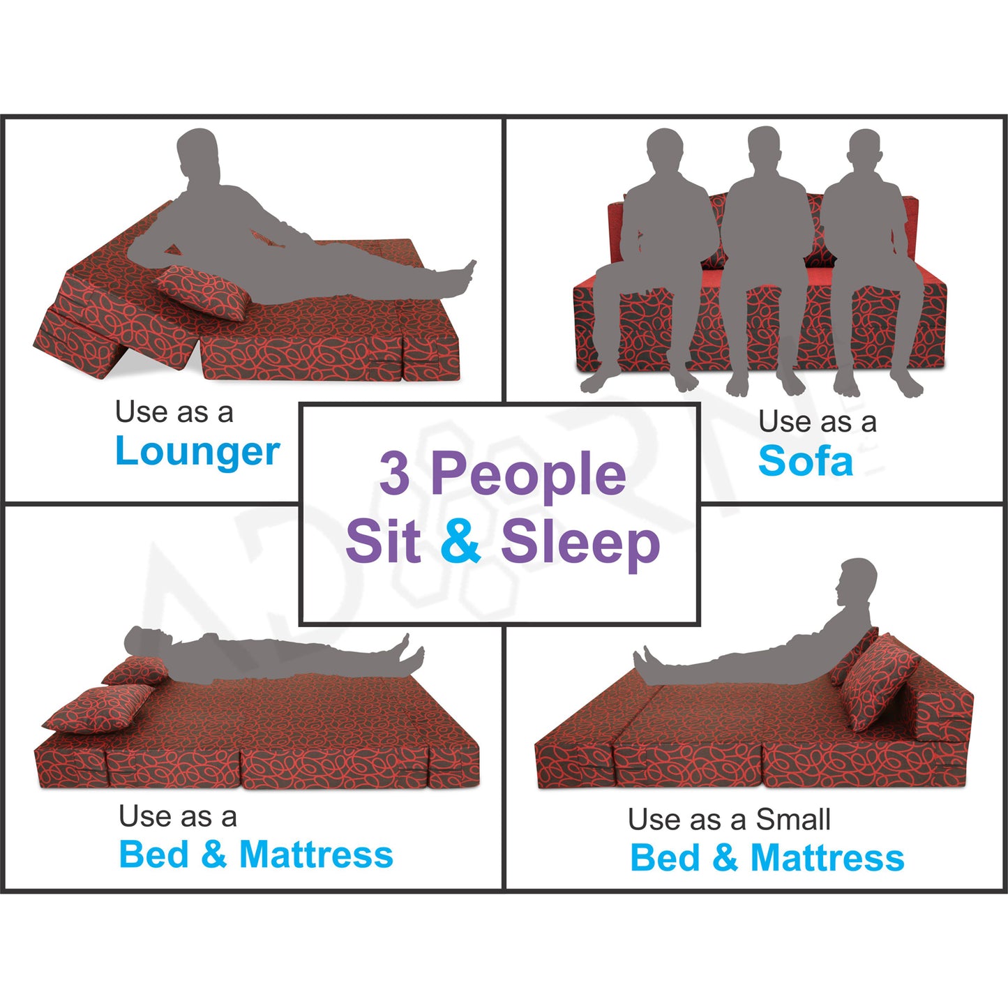 Adorn India Easy Three Seater Sofa Cum Bed Poly Cotton (Maroon & Black) 5'X6' (5 x 6)