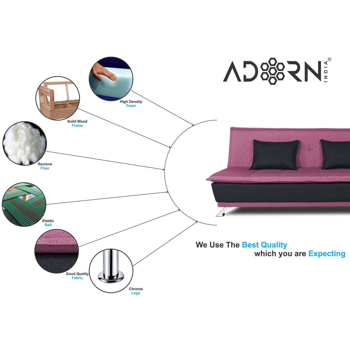Adorn India Exclusive Two Tone Arden 4 Seater Sofa Cum Bed 4 x 6 (Light Purple & Black) (3 Year Warranty)