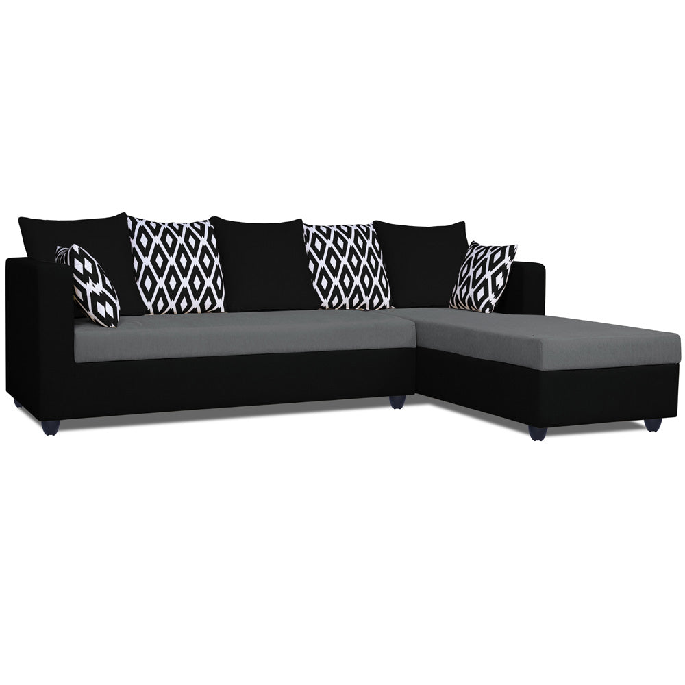 Adorn India Zink Straight line L Shape 6 Seater Sofa Rhombus Cushion(Grey & Black)