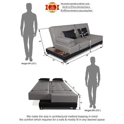 Adorn India Exclusive Two Tone Blake Three Seater Sofa Cum Bed (Light Grey & Black), Wood, Foam