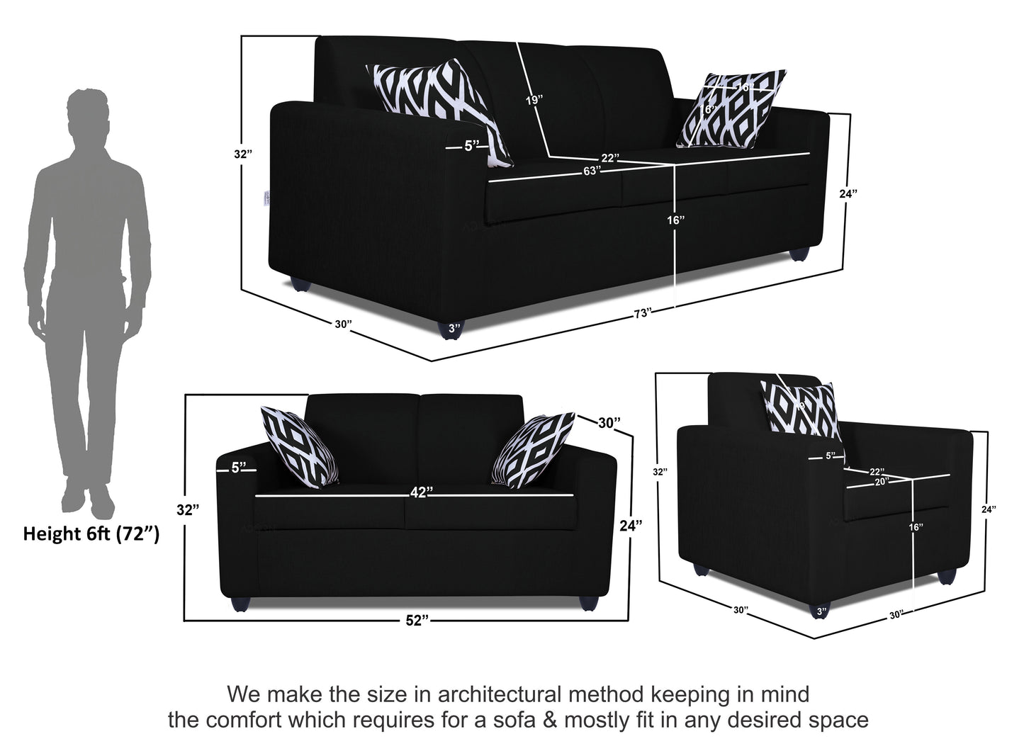Adorn India Monteno Six Seater 3+2+1 Sofa Set (Black) (3 Year Warranty)