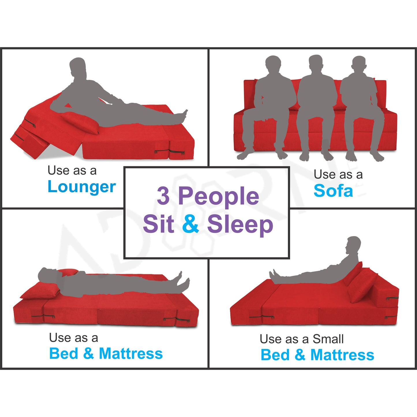 Adorn India Easy 3 Seater Sofa Cum Bed Alyn 6'x 6' (Red) (1 Year Warranty)