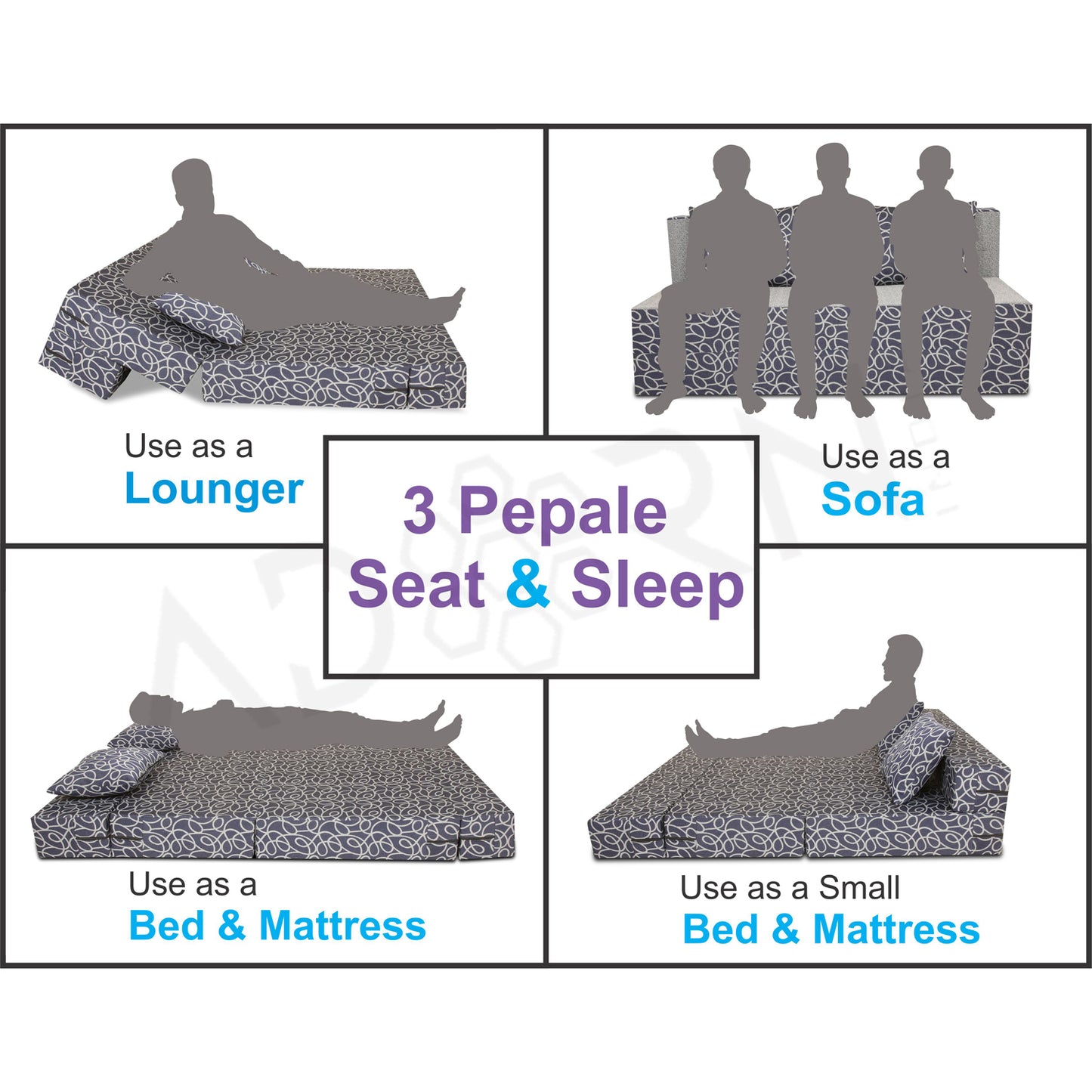 Adorn India Easy Three Seater Sofa Cum Bed Poly Cotton (Blue & Grey) 5'X6'