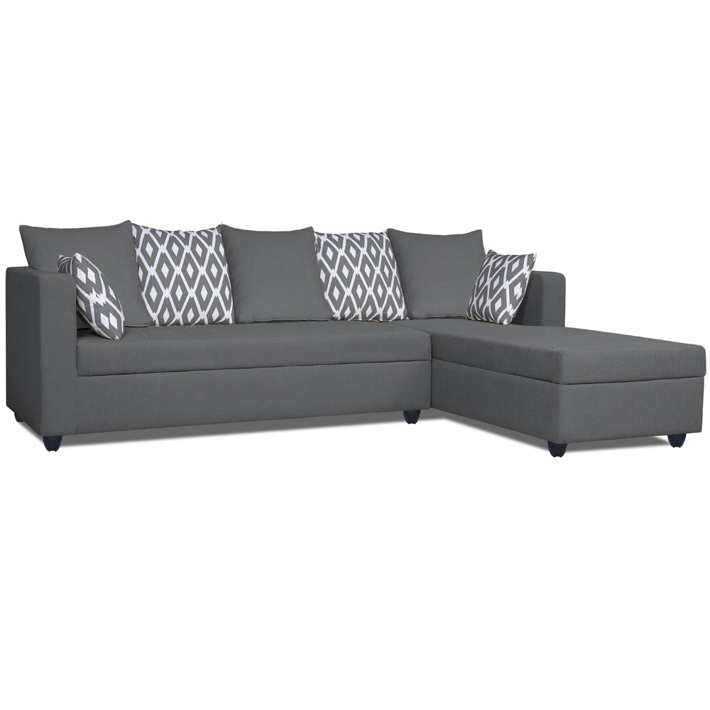Adorn India Zink Straight Line L Shape 6 Seater Sofa Set Rhombus Cushion (Right Hand Side) (Grey)