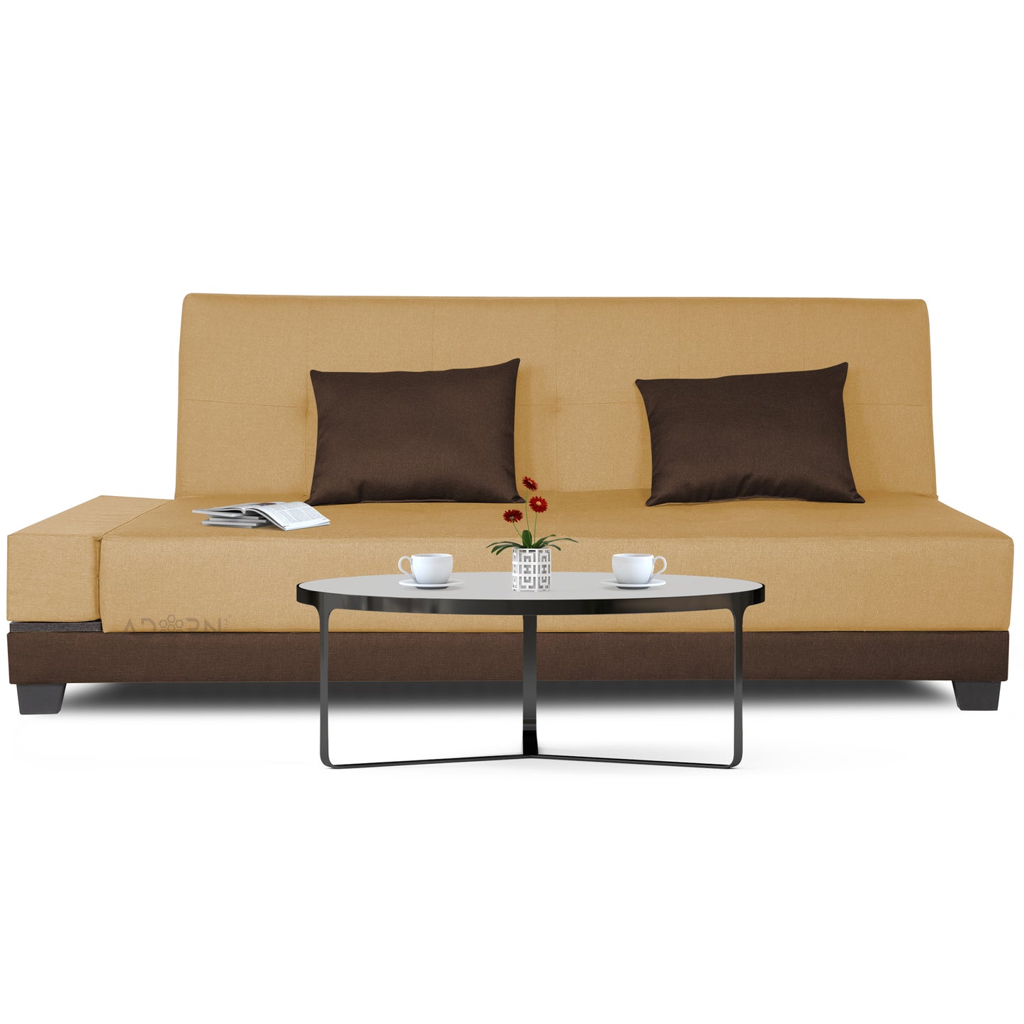 Adorn India Exclusive Two Tone Blake Three Seater Sofa Cum Bed (Brown & Beige), Wood, Foam
