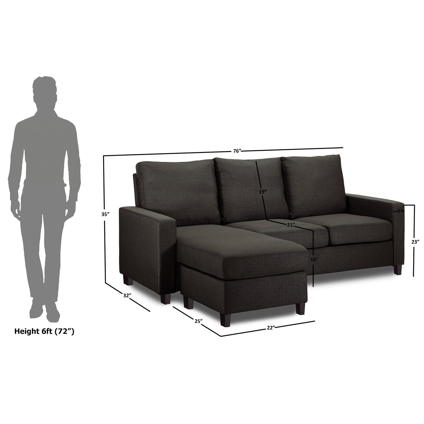 Adorn India Daffodil Three Seater Modular Sofa (Grey), Wood, Foam