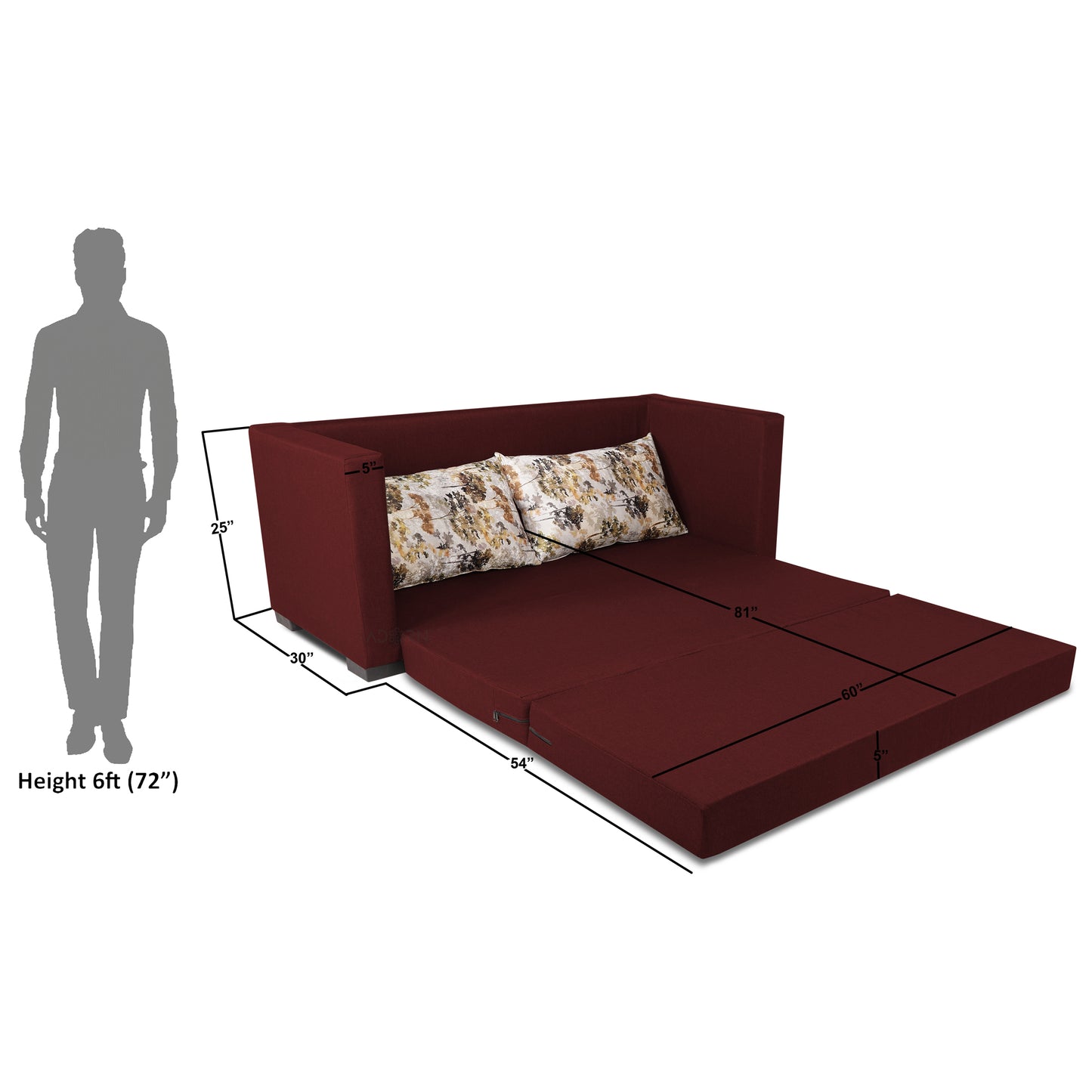 Adorn India Straight line 3 Seater Sofa Cum Bed (Maroon), Wood, Foam