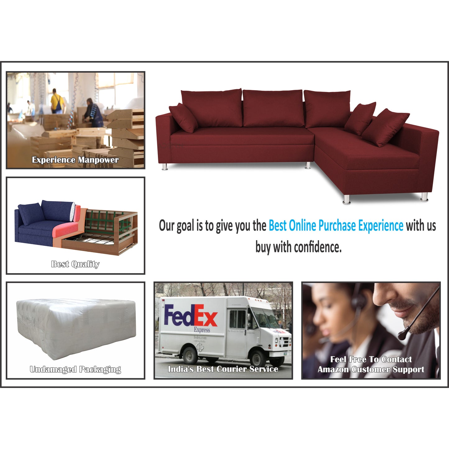 Adorn India Straight line 6 seater L Shape Sofa set (Maroon)