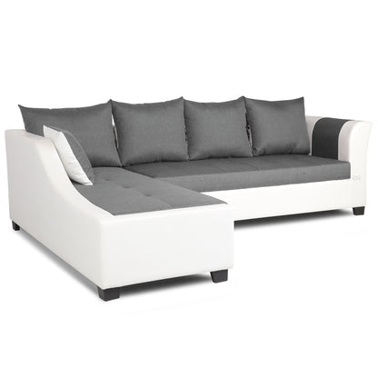Adorn India Aliana L Shape Leatherette Fabric 6 Seater Sofa Set LHS (Light Grey & White) (3 Year Warranty)