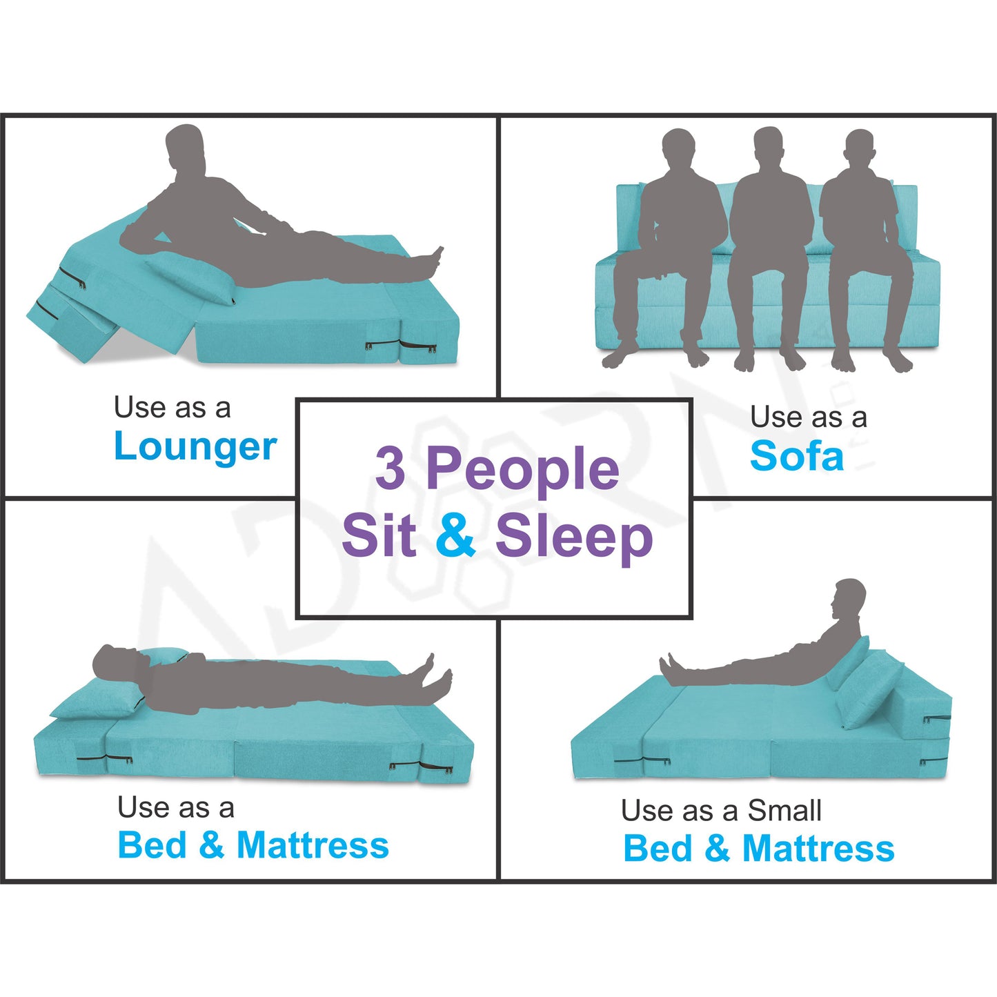 Adorn India Foam Easy 3 Seater Sofa Cum Bed Alyn 5'X 6' (Aqua Blue) (1 Year Warranty)
