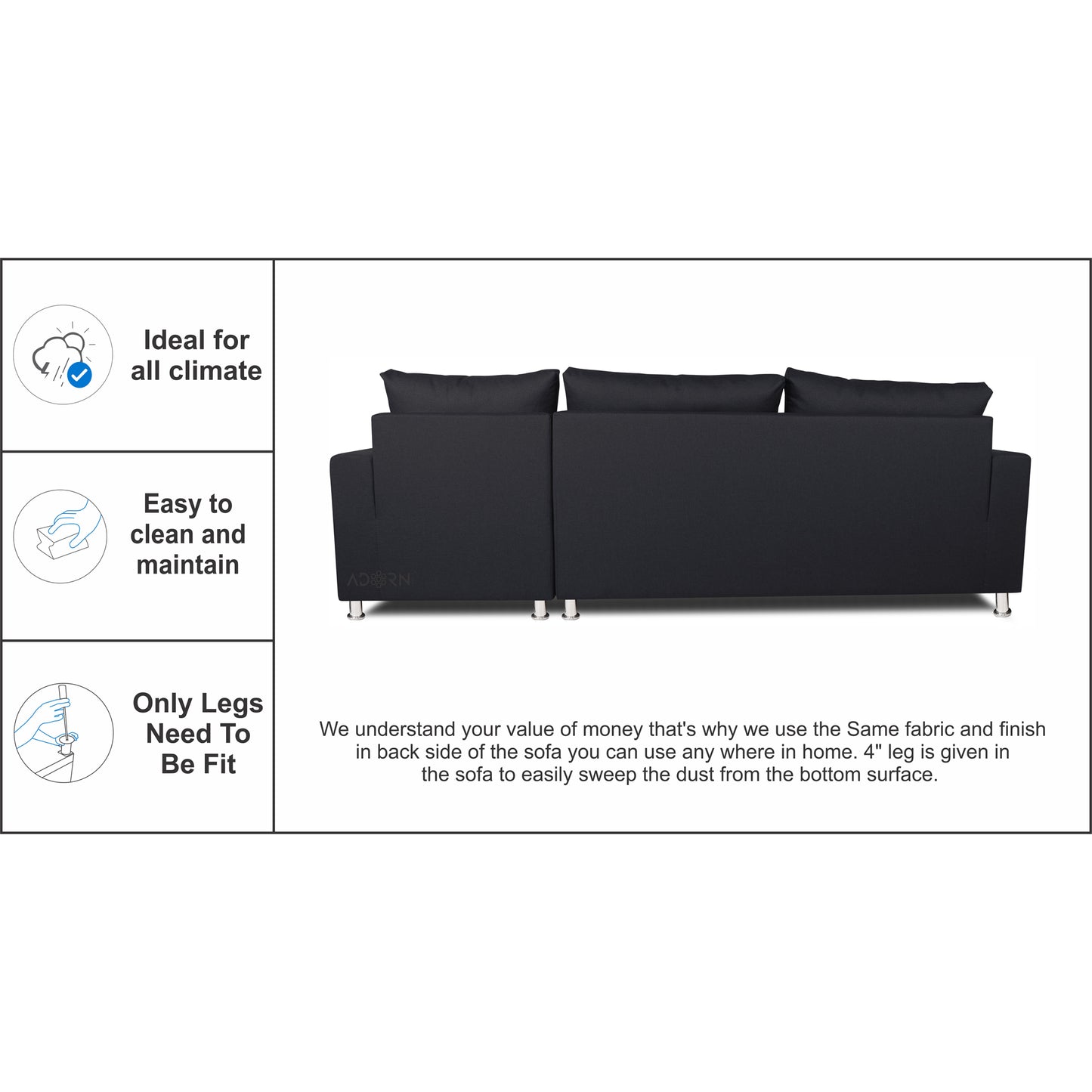 Adorn India Straight line L Shape Sofa (Black)