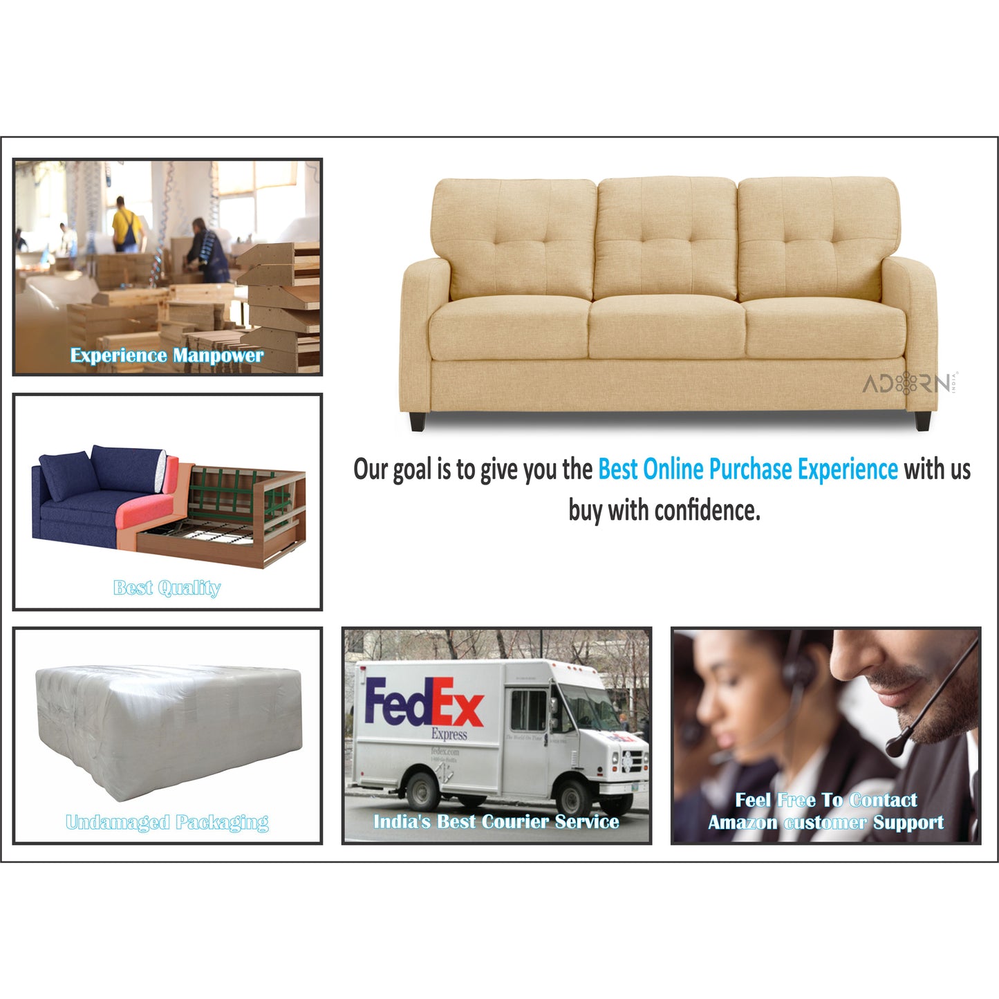 Adorn India Astor 3+1+1 5 Seater Sofa Set (Beige) (3 Year Warranty)