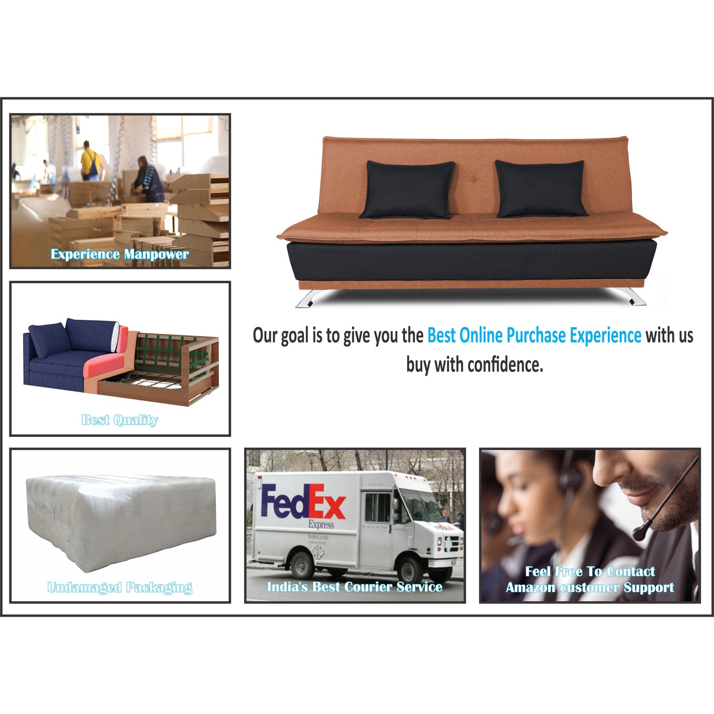 Adorn India Exclusive Two Tone Arden 4 Seater Sofa Cum Bed 4 x 6 (Rust & Black) (3 Year Warranty)