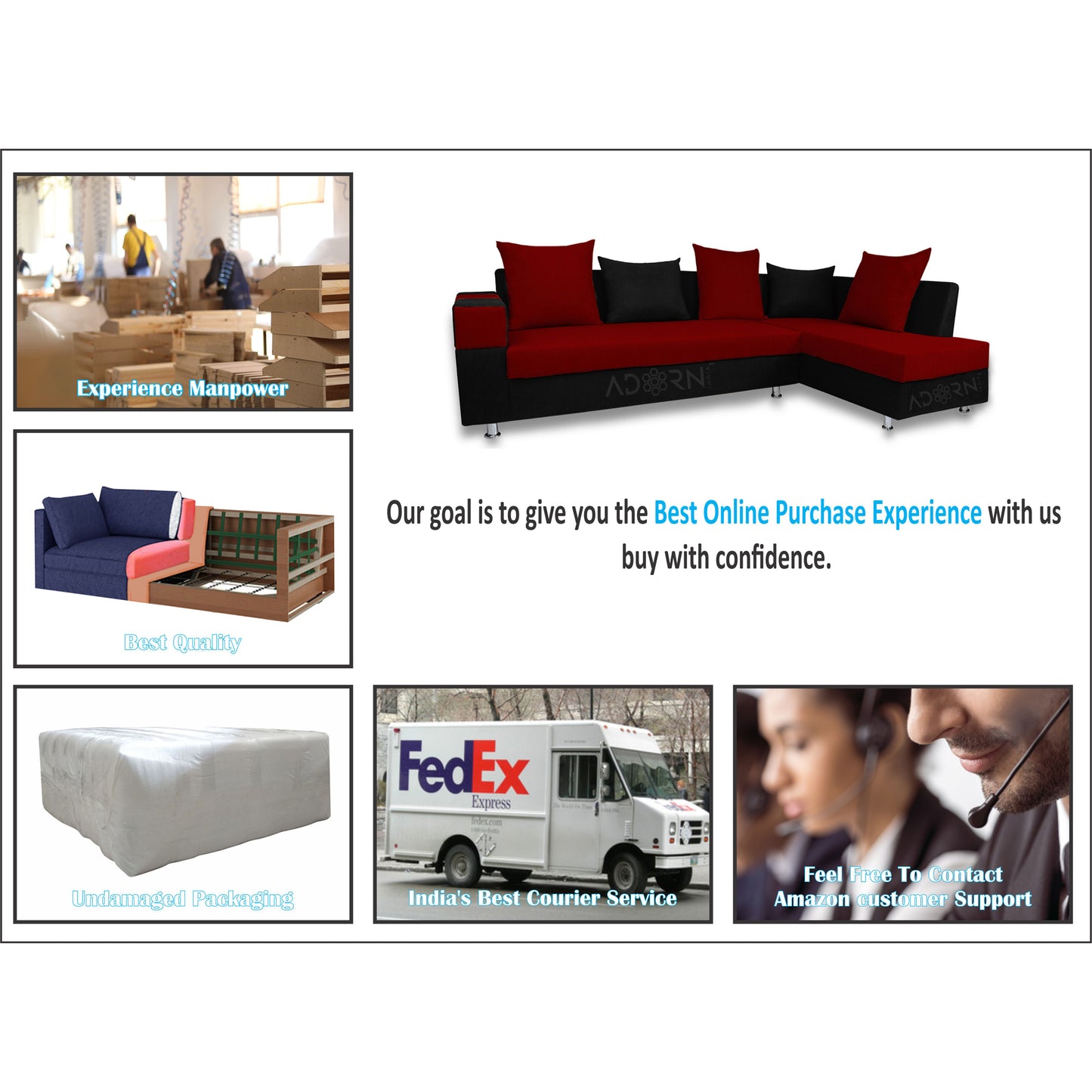 Adorn India Adillac 5 Seater Corner Sofa (Maroon & Black)