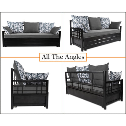 Adorn India Polar Black Metal Three Seater Sofa Cum Bed with Storage (6 x 5) (Light Grey)