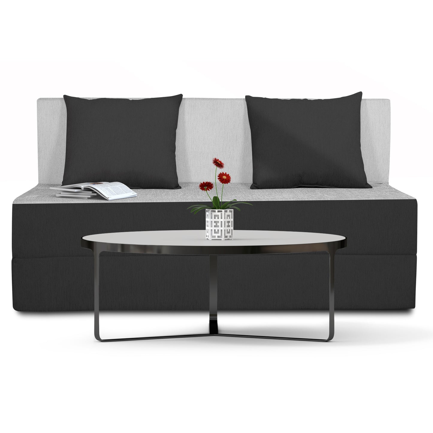 Adorn India Easy 2 Seater Sofa Cum Bed (2 Years Warrenty Quality Foam)-Perfect for Seat & Sleep Washeble Polyster Fabric Cover (Black & Grey) 4'x6'.Pillows Free (1 Year Warranty)