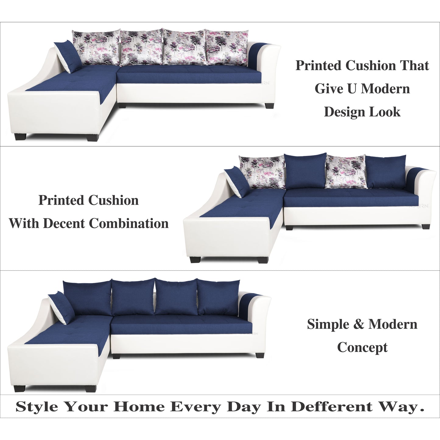 Adorn India Aliana L Shape Leatherette Fabric 6 Seater Sofa Set LHS (Blue & White) (3 Year Warranty)
