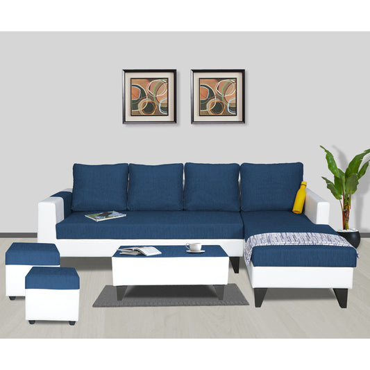 Adorn India Ashley Plain Leatherette Fabric L Shape 8 Seater Sofa Set with 2 Ottoman Puffy & Center Table RHS (Blue & White) (3 Year Warranty)