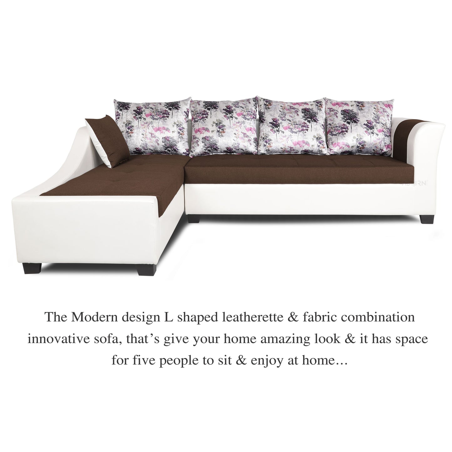 Adorn India Aliana L Shape Leatherette Fabric 6 Seater Sofa Set LHS (Brown & White) (3 Year Warranty)