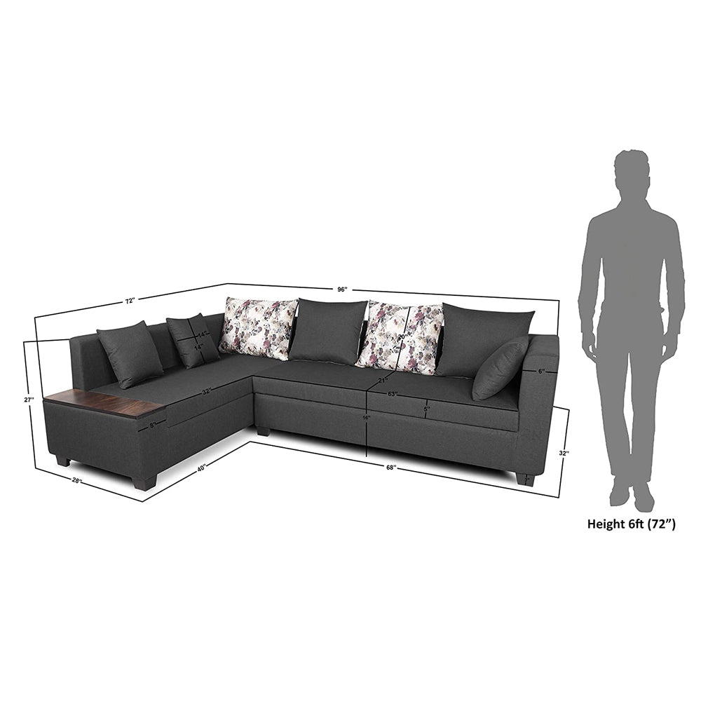 Adorn India Mclain L Shape 6 Seater Sofa (Left Side Handle)(Dark Grey)
