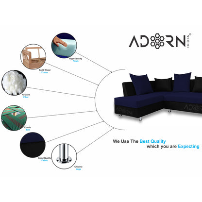Adorn India Adillac 5 Seater Corner Sofa(Left Side Handle)(Dark Blue & Black), Wood, Foam