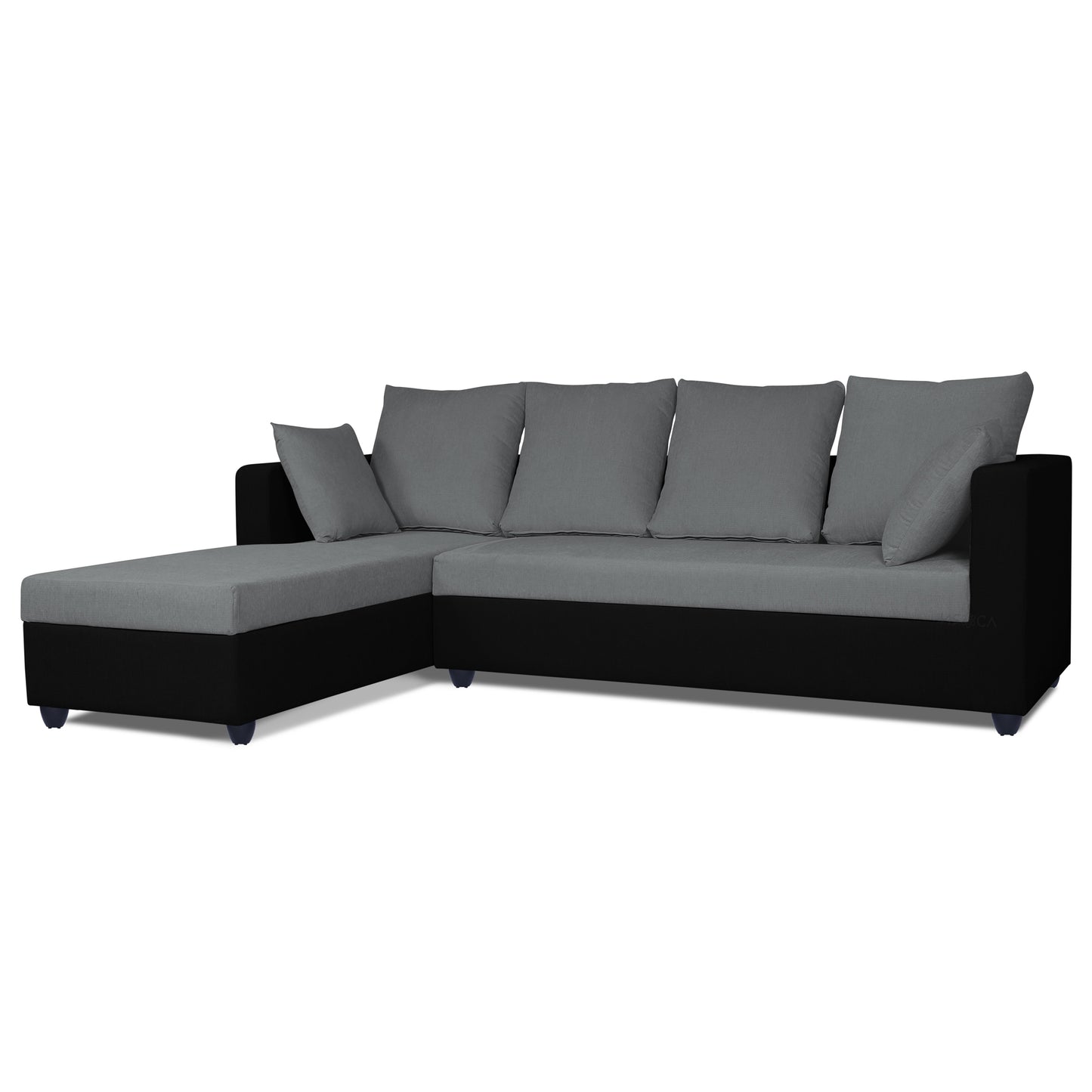 Adorn India Zink Straight line L Shape 5 Seater Sofa Plain Cushion (Left Side Handle)(Grey & Black)