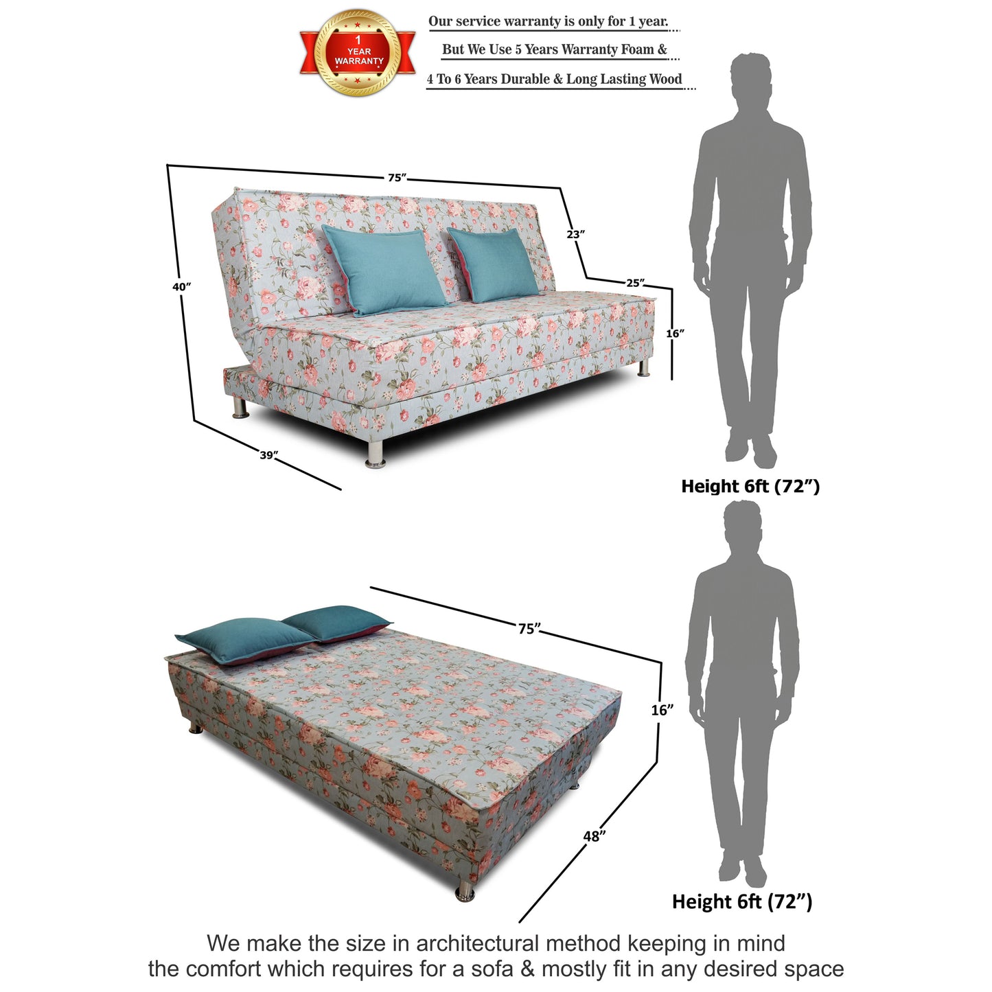 Adorn India Roselyn 3 Seater Sofa Cum Bed Digitel Print (Aqua Blue), Wood, Foam