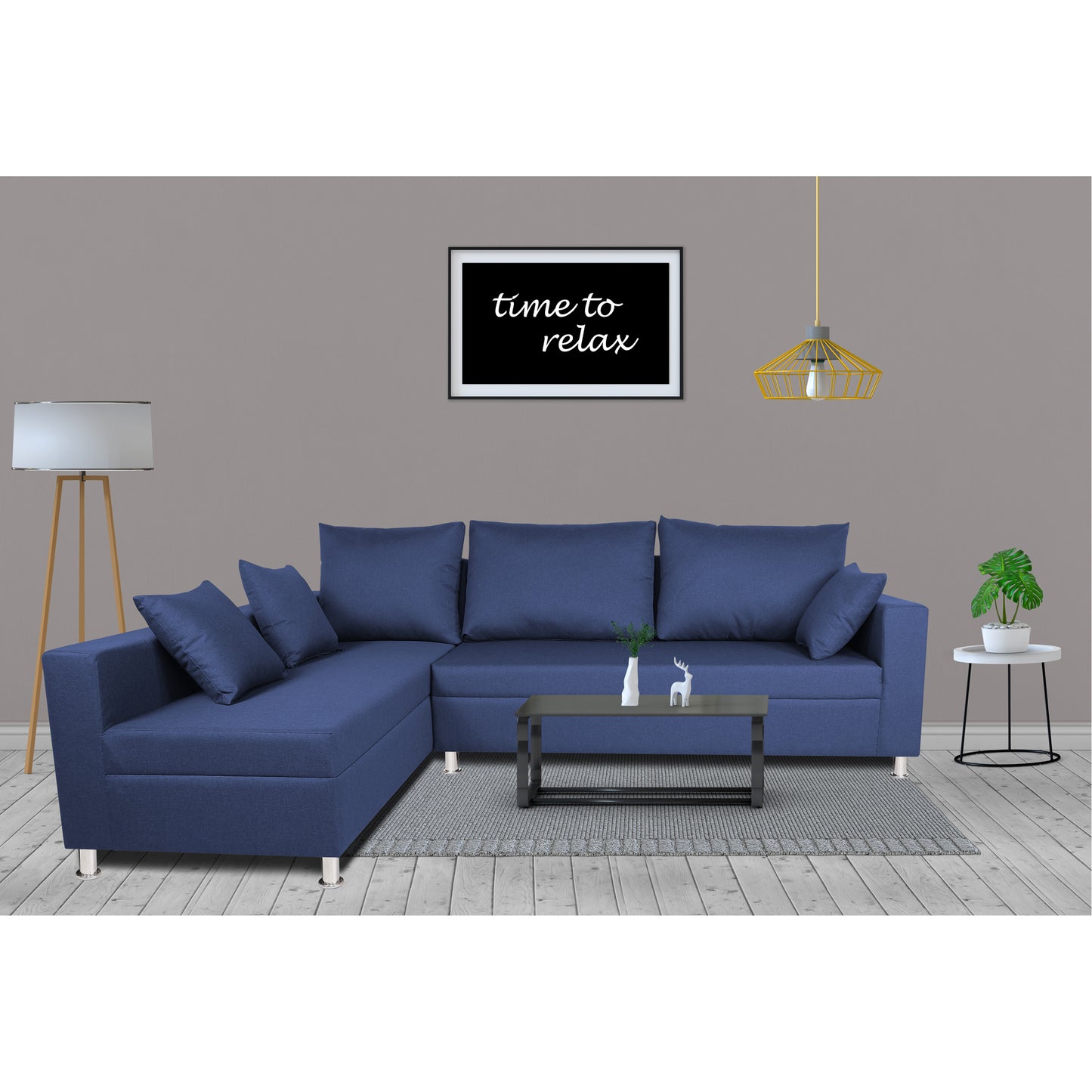 Adorn India Straight Line L Shape Sofa (Left Side Handle) (Blue)
