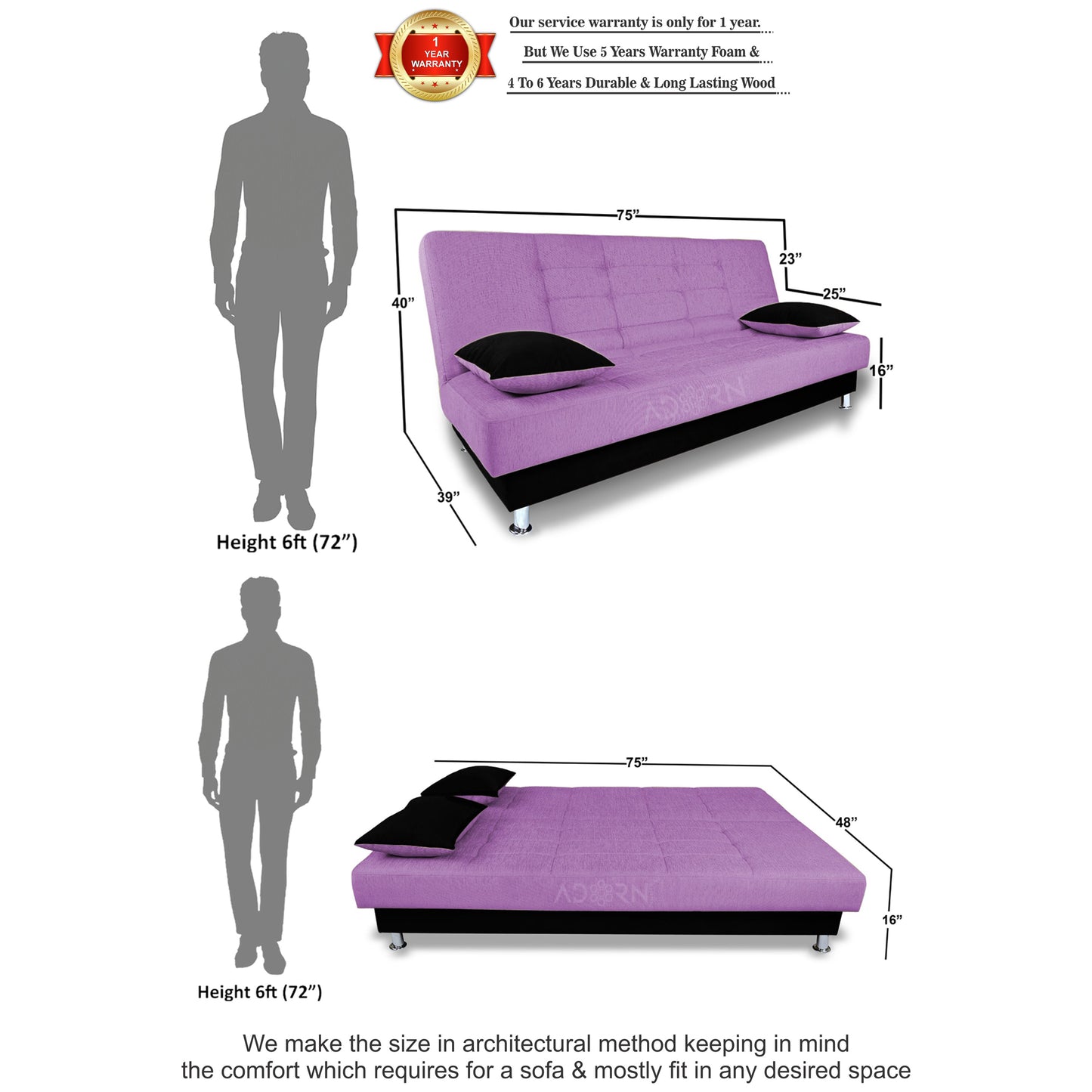 Adorn India Alyssum 3 Seater Sofa Cum Bed (Light Purple & Black)
