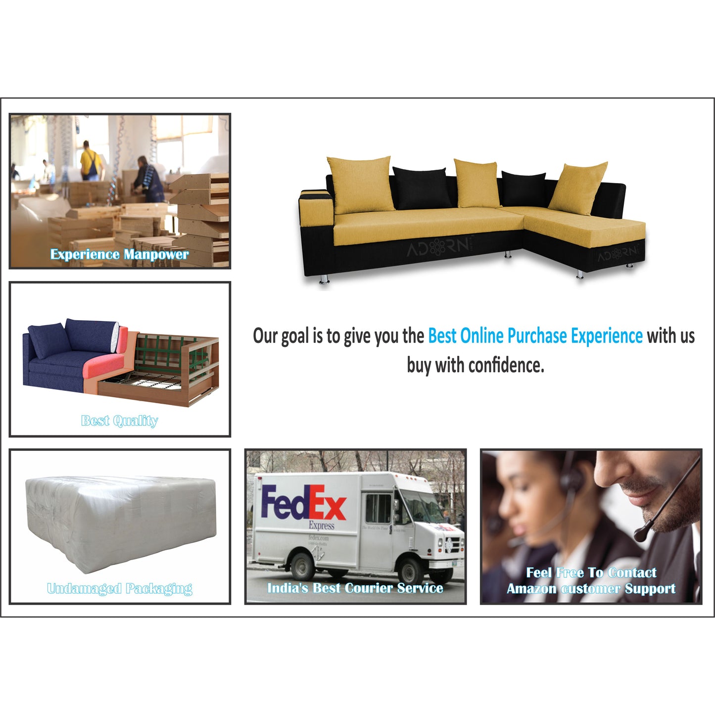 Adorn India Adillac 5 Seater Corner Sofa(Right Side)(Yellow & Black)