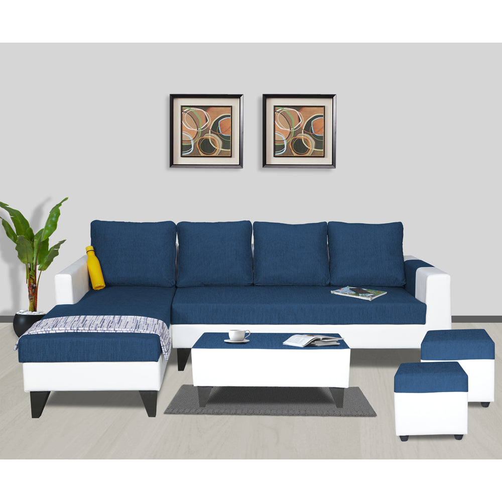Adorn India Ashley Plain Leatherette Fabric L Shape 8 Seater Sofa Set with 2 Ottoman Puffy & Center Table LHS (Blue & White) (3 Year Warranty)