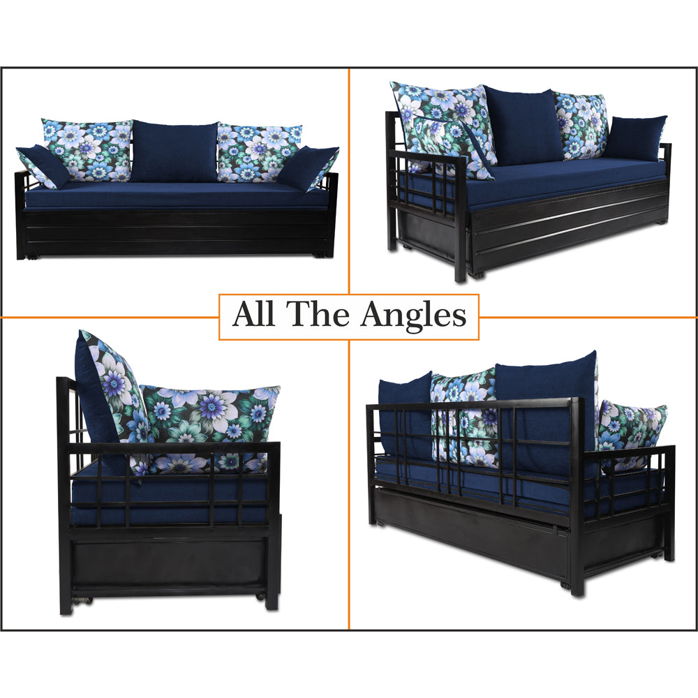 Adorn India Polar Black Metal Three Seater Sofa Cum Bed with Storage (6 x 5) (Blue)