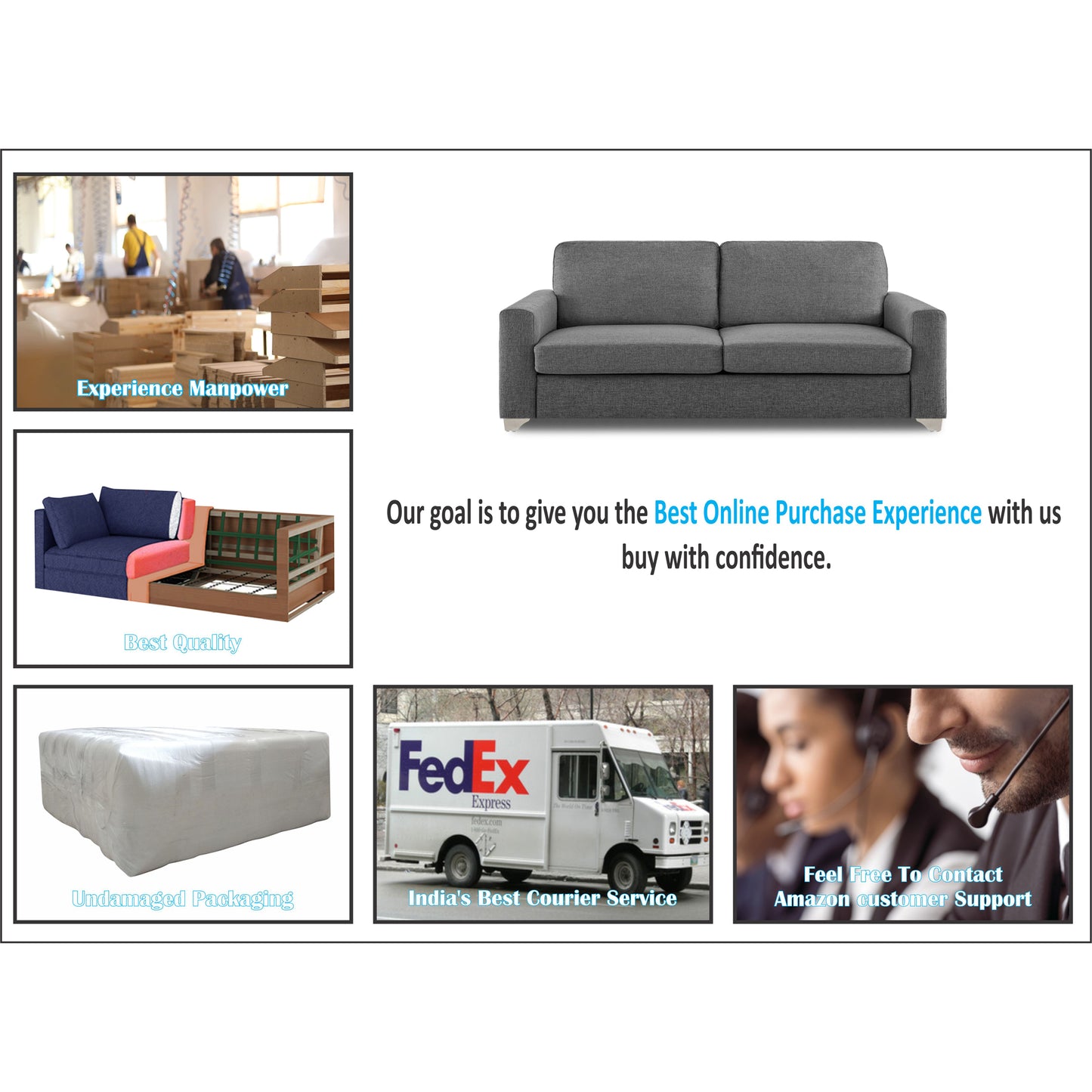 Adorn India Straight Line Three Seater Sofa (Grey)